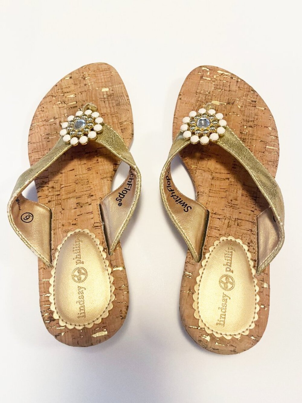 Lindsay Phillips SwitchFlops Gold Cork Jeweled Sandals Flip Flops Size 6 Y2K